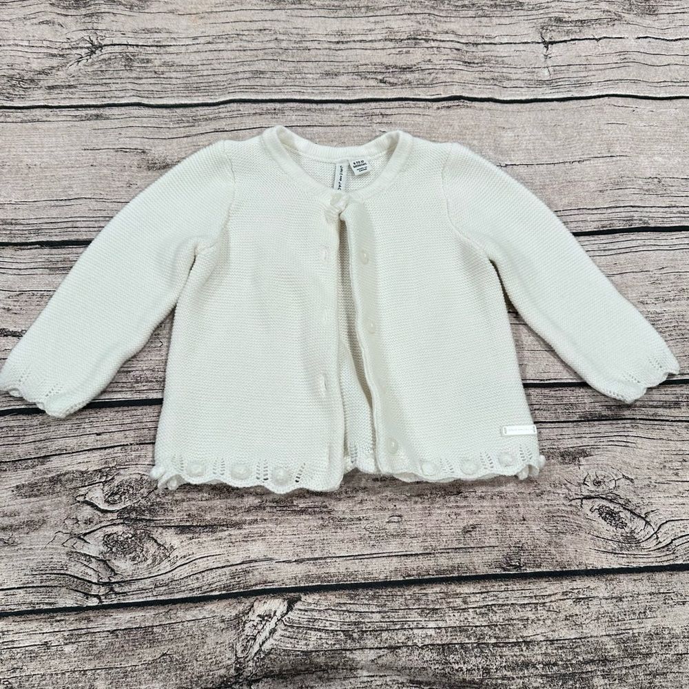 Janie and Jack White Knit Cardigan With Pom Poms along Bottom, Size 6-12 Months